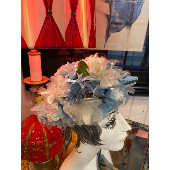 vintage 1950s blue flower hat modern miss 50s fashion easter wedding pillbox - Picture 4 of 8
